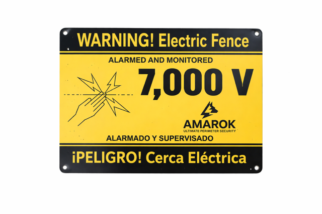 Electric fence warning sign: 7,000V alarmed and monitored perimeter