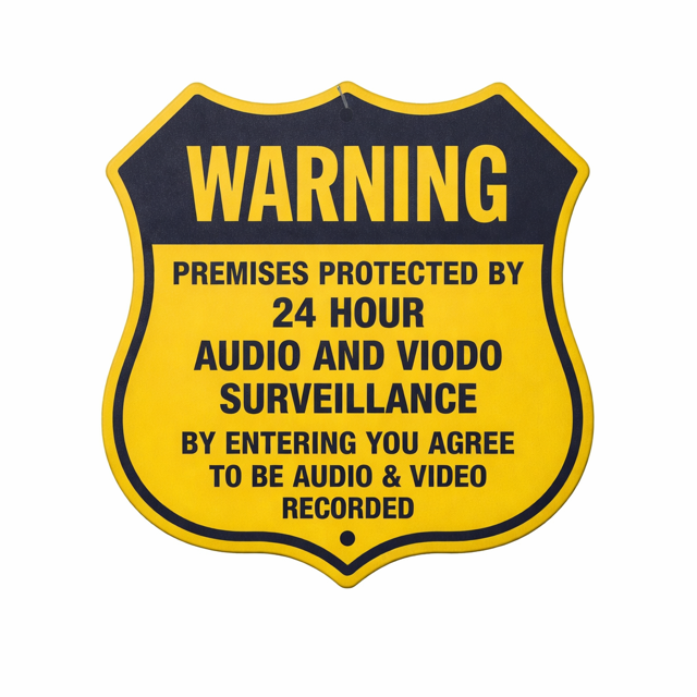 Warning sign: premises protected by 24 hour audio and video surveillance